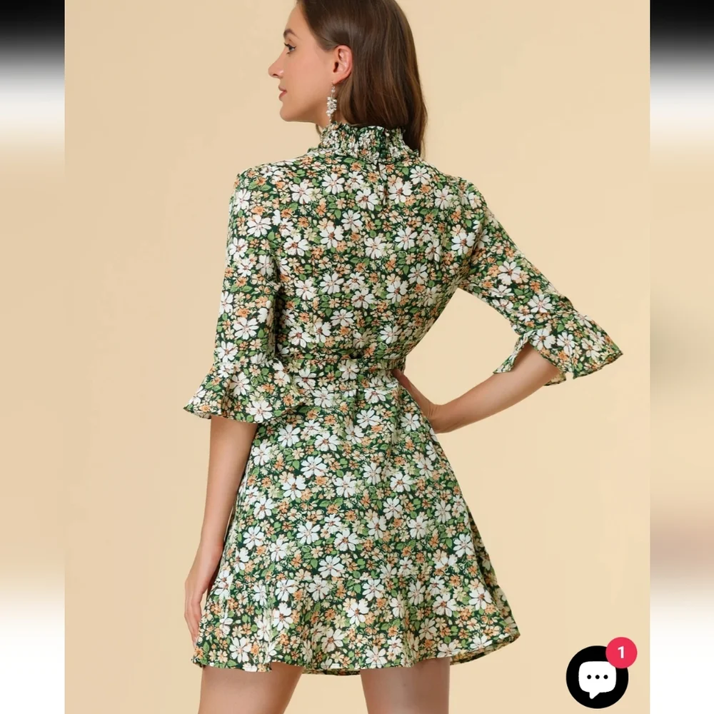 Allegra K Floral 3/4 Bell Sleeves Smocked Belted Flare Ruffle Dress Size S - Picture 2 of 16